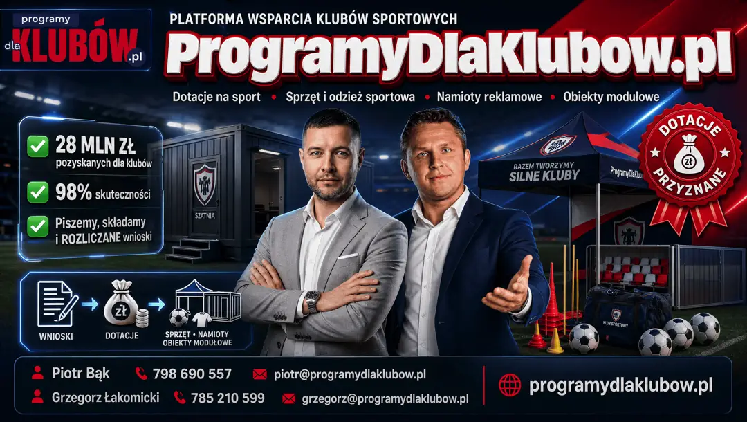 Baner platformy ProgramyDlaKlubow.pl - dotacje na sport, sprzęt i odzież sportowa, namioty reklamowe, obiekty modułowe; 28 mln zł pozyskanych dla klubów, 98% skuteczności